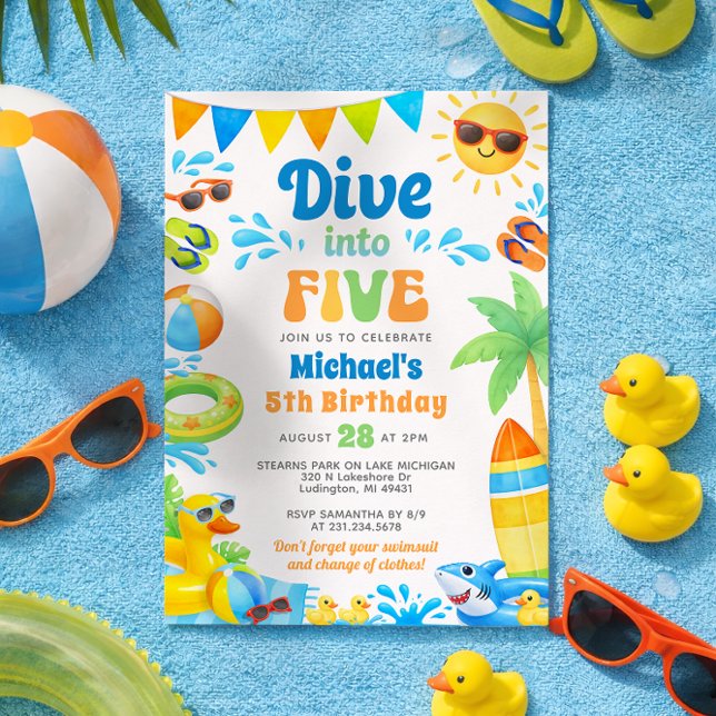 Convites Summer 5th Birthday Invitation - Dive into Five (Boy 5th Birthday Invitation - Summer Beach Pool Party - Dive into Five)