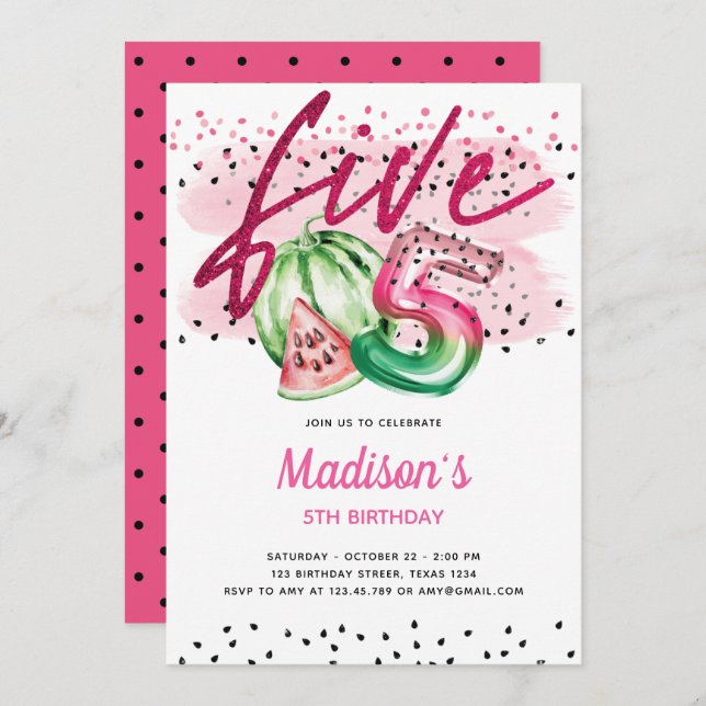 Convites Summer Balloon Letters Melon 5 Birthday (Frente/Verso)