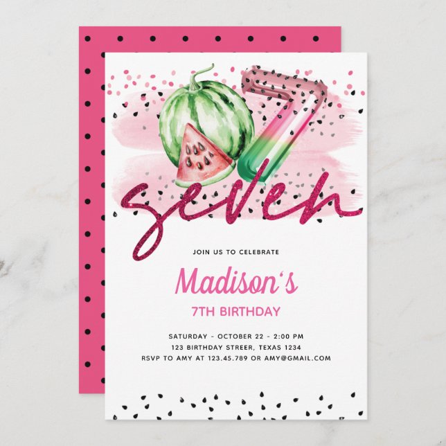 Convites Summer Balloon Letters Melon 7 Birthday (Frente/Verso)
