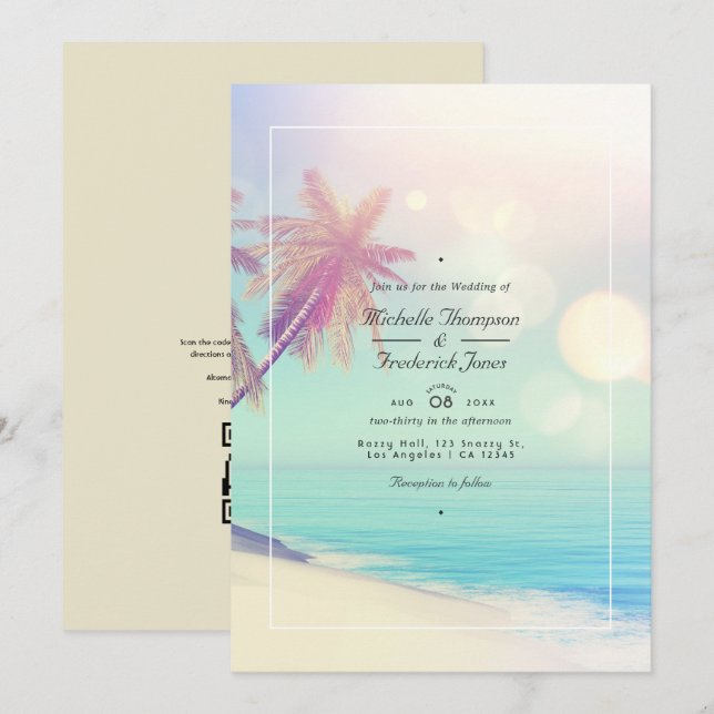 Convites Summer Beach Bokeh Código QR Casamento RSVP (Frente/Verso)