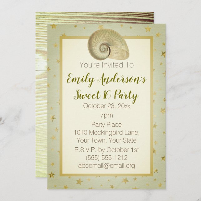 Convites Summer Beach Seashell Rustic Wood Sweet 16 (Frente/Verso)