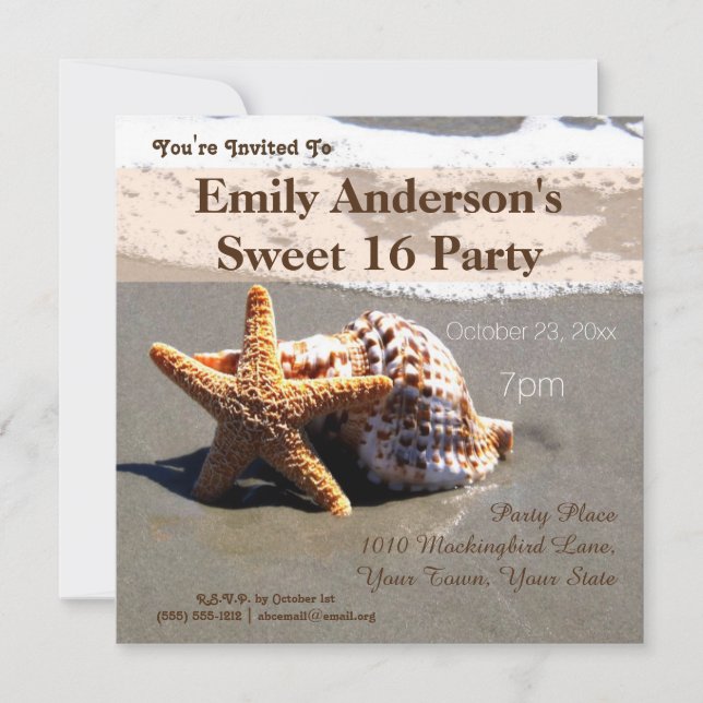 Convites Summer Beach Starfish Seashell Sweet 16 Aniversári (Frente)