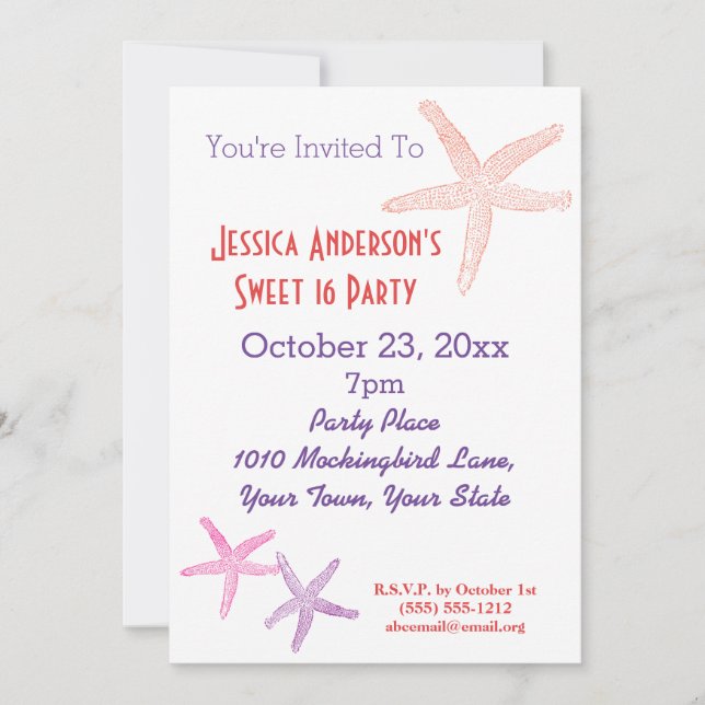 Convites Summer Beach Starfish Sweet 16 Aniversário (Frente)