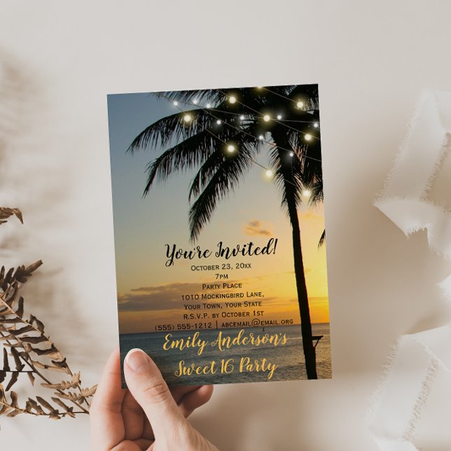Convites Summer Beach String Light Sunset Sweet 16 Aniversá (Criador carregado)
