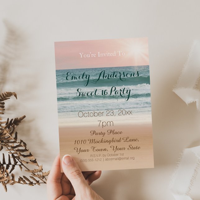 Convites Summer Beach Theme Pink Sunset Sweet 16 Aniversári (Criador carregado)