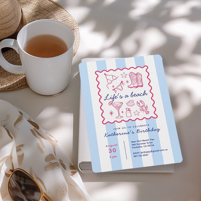 Convites Summer Blue Stripes Beach Life Birthday Party  (Criador carregado)