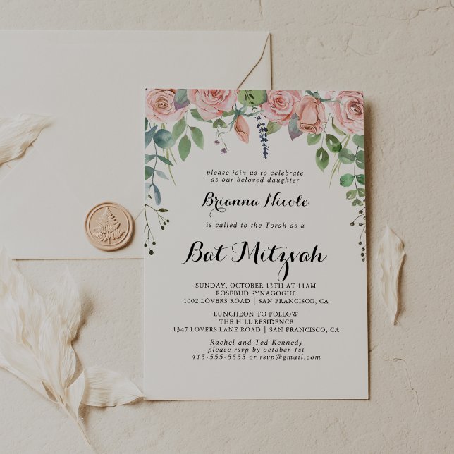 Convites Summer Breeze Calliografia Floral Bat Mitzvah (Criador carregado)