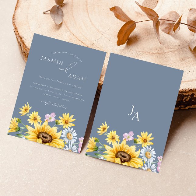Convites Summer Dusty Blue Sunflower Casamento Monograma (Summer Dusty Blue Sunflowers Monogram Wedding Invitation)