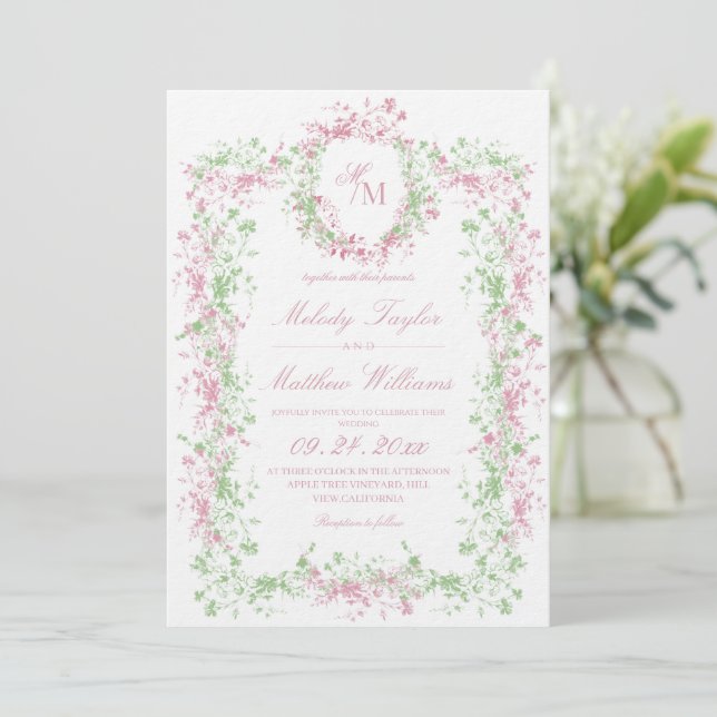 Convites Summer Elegant Floral Monogram Wedding (Em pé/Frente)