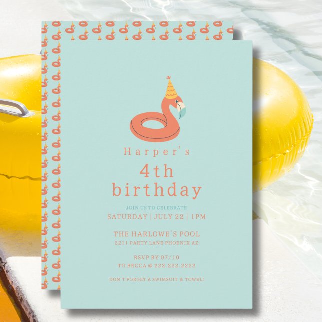 Convites summer flamingo modern kids birthday pool party (flamingo kids birthday pool party modern aesthetic invitations )