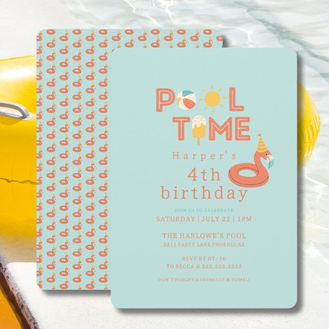 Convites summer flamingo popsicle kids birthday pool party (pool time flamingo beach ball sun popsicle  birthday party invitation )