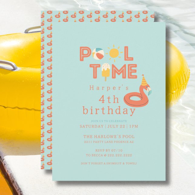 Convites summer flamingo popsicle kids birthday pool party (pool time flamingo beach ball sun popsicle personalized birthday pool party invitation )