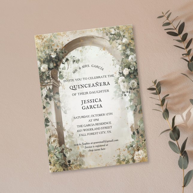 Convites Summer Floral Arch Enchanted Garden Quinceañera  (elegant white roses arch with golden accents sweet 16 birthday invitation)