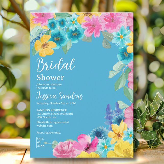 Convites Summer floral Bridal Shower with Photo Blue (Criador carregado)