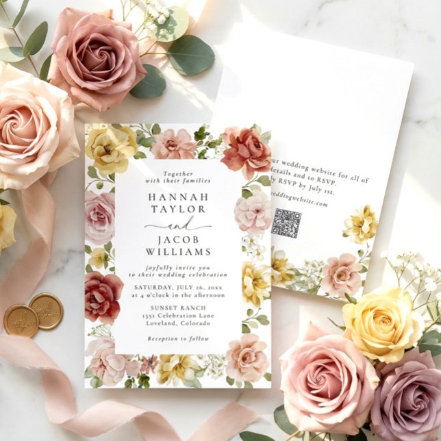 Convites Summer Floral QR Code Wedding (Criador carregado)