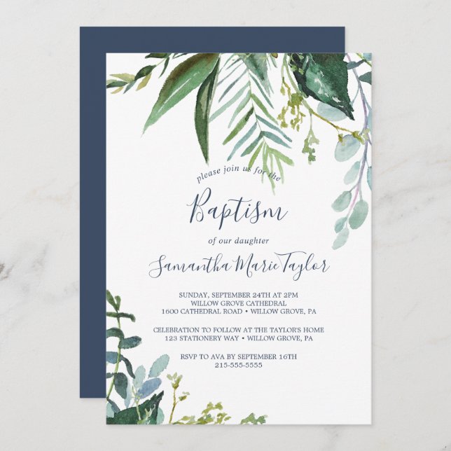 Convites Summer Greenery Baptism (Frente/Verso)