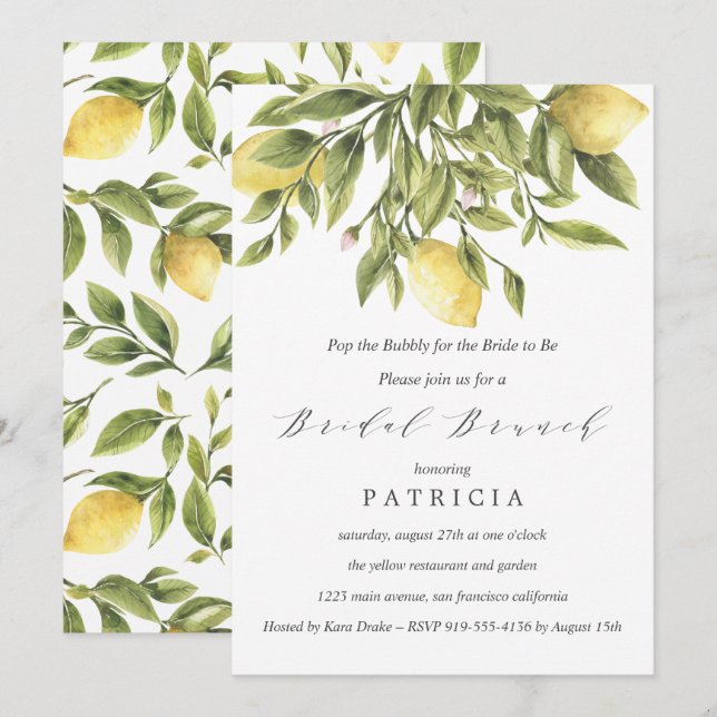 Convites Summer Lemons e Folhagem Bridal Brunch (Frente/Verso)
