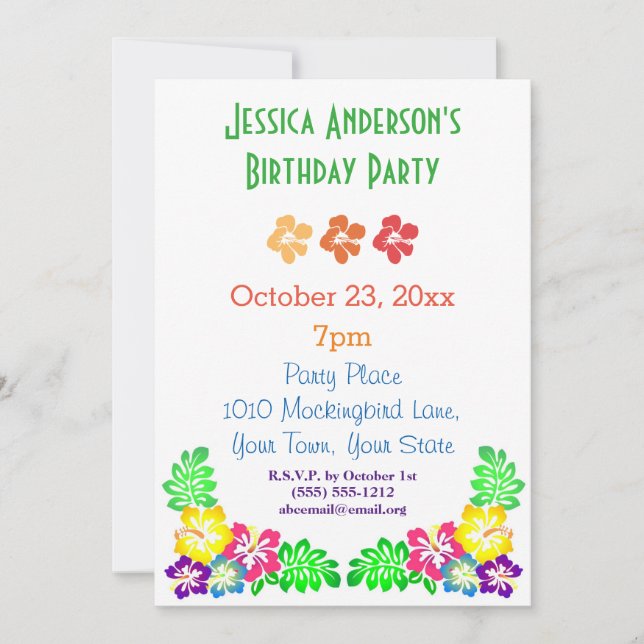 Convites Summer Luau Hibiscus Hawaiian Tropical Birthday (Frente)