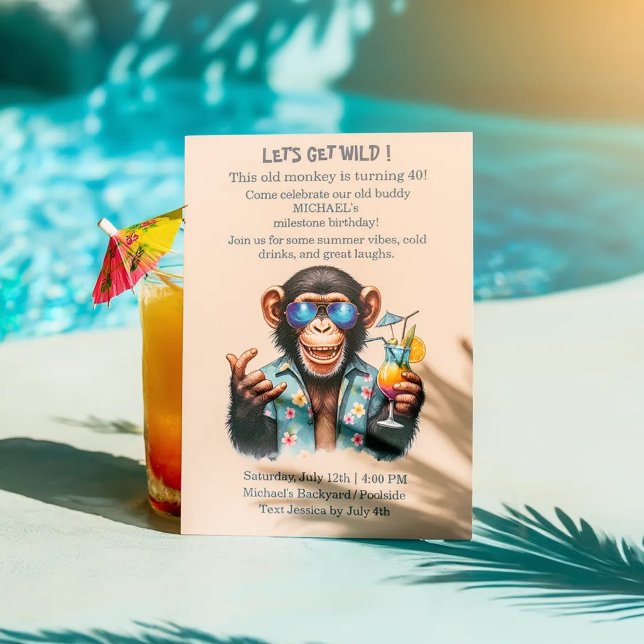 Convites Summer Monkey Let's Get Wild 40th Birthday  (Summer Monkey Let's Get Wild 40th Birthday Invitation)