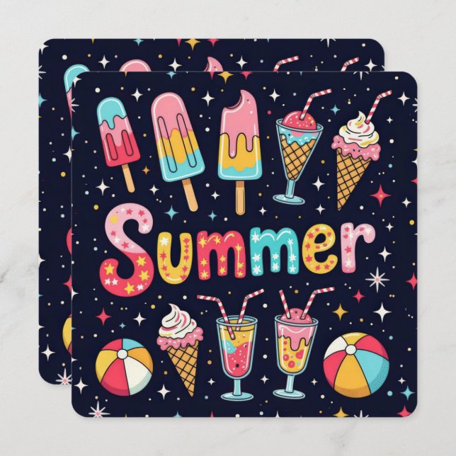 Convites Summer Party Fun Graphics On Black (Frente/Verso)