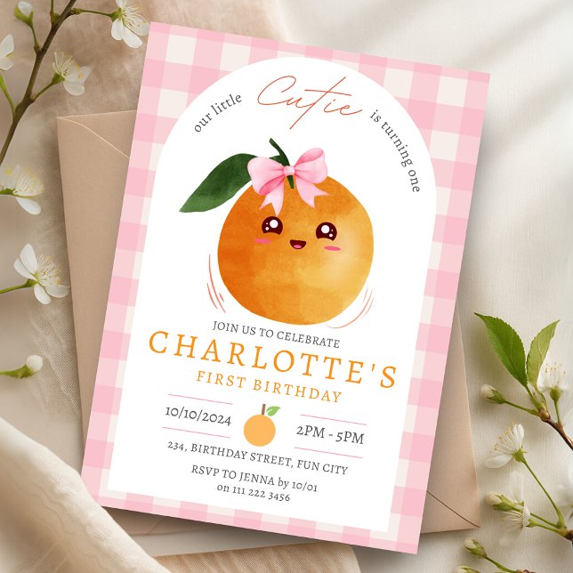 Convites Summer Pink Little Cutie Orange 1st First Birthday (Summer Pink Little Cutie Orange 1st First Birthday Invitation)