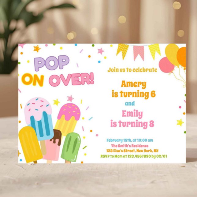 Convites Summer Popsicle Kids Joint Birthday  (popsicle birthday invite, pop on over invitation, ice cream party invite, summer birthday invite, ki)