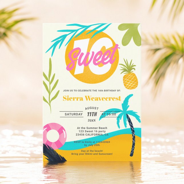 Convites Summer Retro Tropical Beach Piscina Sweet 16 foto (Summer Retro Tropical Beach Pool Sweet 16 photo Invitation)