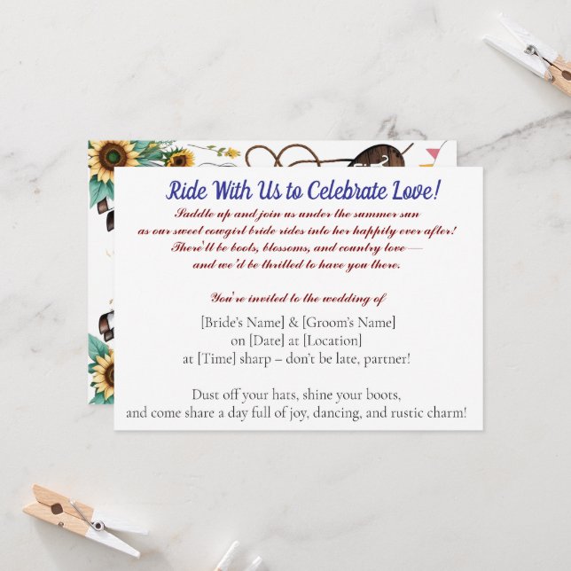 Convites Summer Ride to Forever – Cowgirl Wedding Bliss" (Frente/Verso In Situ)