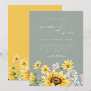 Convites Summer Sage Green Yellow Sunflower Wedding Floral
