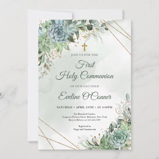 Convites Summer succulents eucalyptus greenery gold Baptism (Frente)
