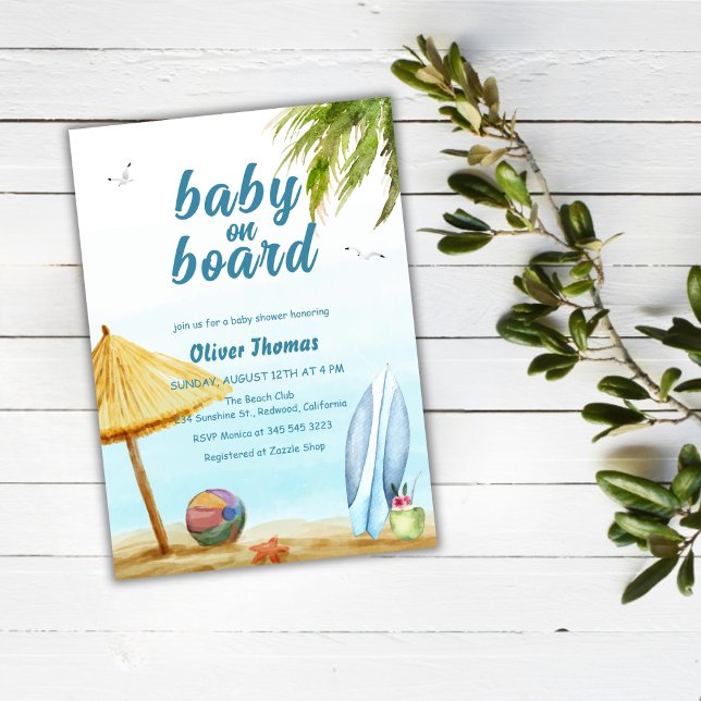 Convites Summer Surf Beach Baby Em Chá de fraldas Conselho (Summer Surf Beach Baby On Board Baby Shower Invitation)