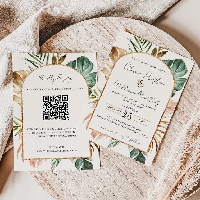 Convites Summer Tropical Leaves Arch Código QR Casamento RS (Summer Tropical Leaves Arch QR Code RSVP Wedding Invitation)