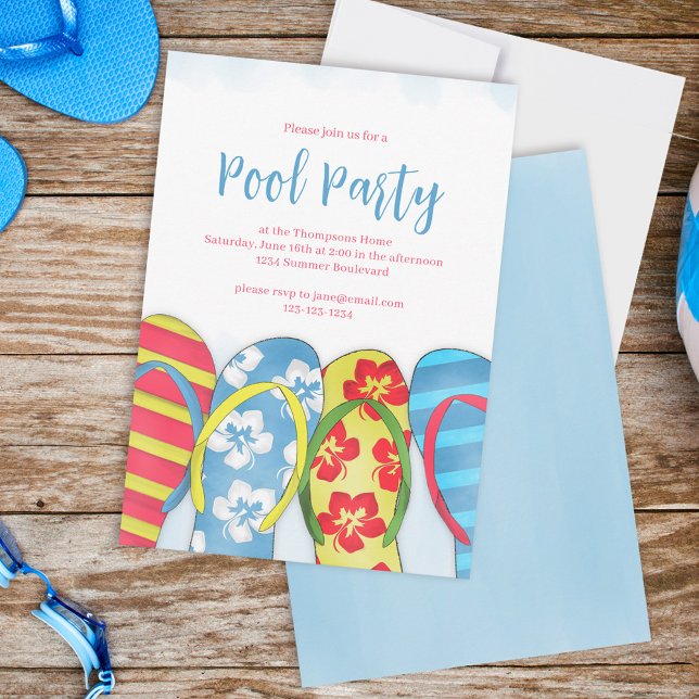 Convites Summer Watercolor Blue Water Piscina Party (Summer pool party flip flops invitations.)
