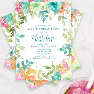 Convites Summer Watercolor Floral aniversário de 40 anos