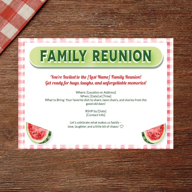Convites Summer Watermelon Family Reunion (Watercolor family reunion invite with red plaid, watermelon, and modern typography)