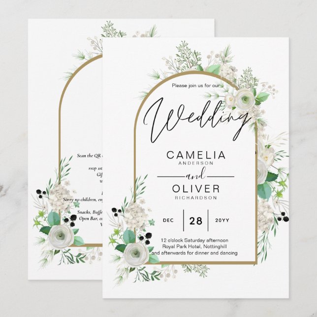 Convites Summer White Roses Emerald Sage Greenerding WEDDIN (Frente/Verso)