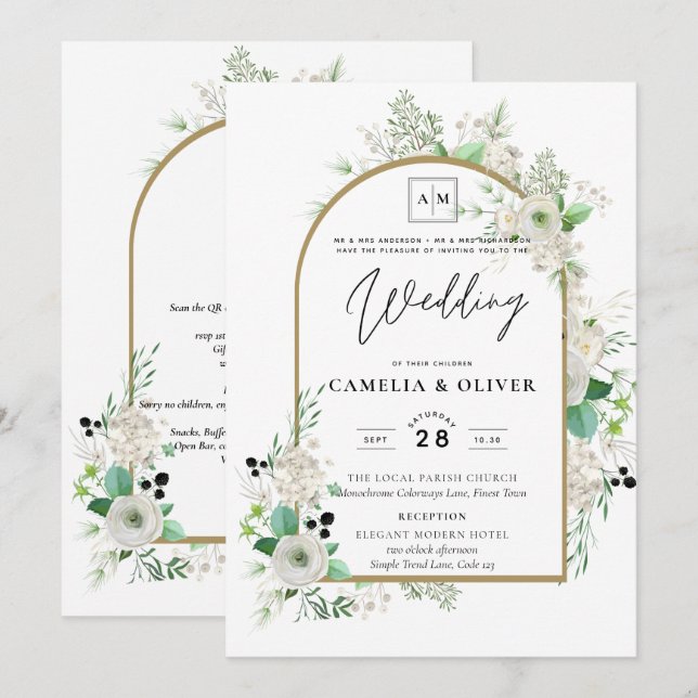 Convites Summer White Roses Emerald Sage Greenerding WEDDIN (Frente/Verso)