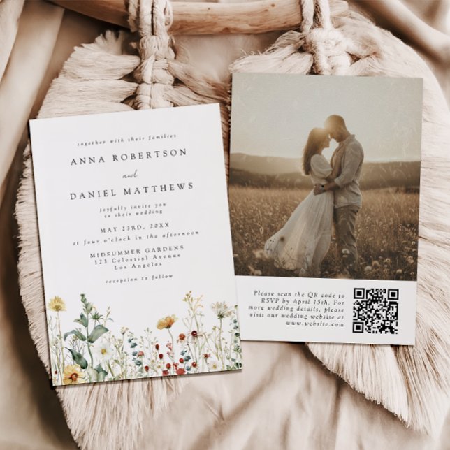 Convites Summer Wildflower Field QR Code Wedding Photo (Criador carregado)