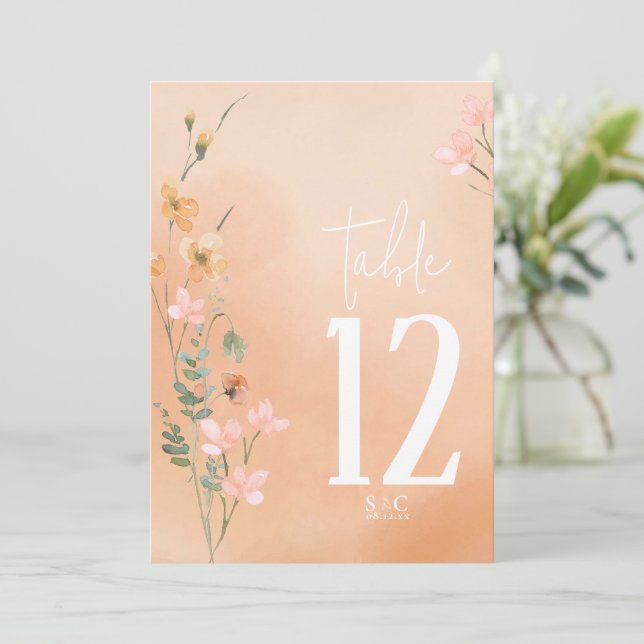 Convites Summer Wildflower Table Number V2 Apricot ID1023 (Em pé/Frente)