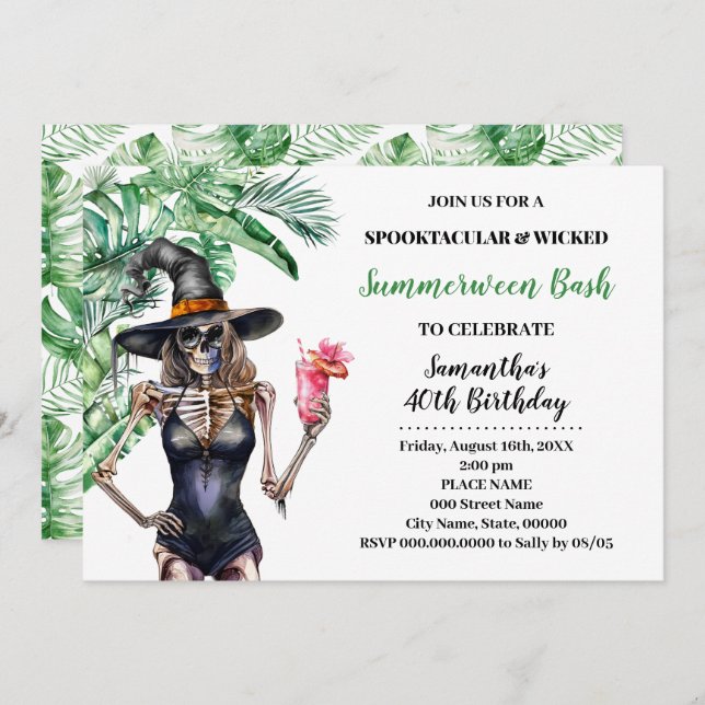 Convites SummerEntre Bruxas Piscina Bash Birthday (Frente/Verso)