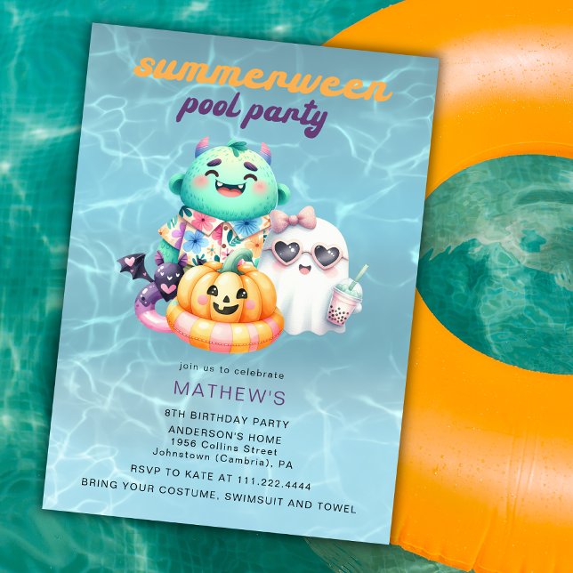 Convites Summerween Pool Party Kids Birthday Party Any Age  (Criador carregado)