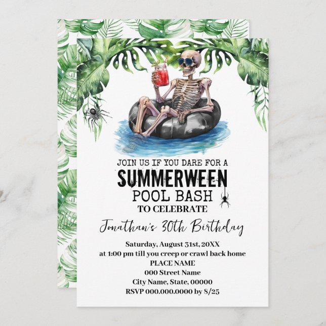Convites Summerween Tropical Skeleton Birthday Party (Frente/Verso)