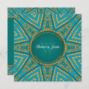 Convites Sun Bohemian Oriental Dourado & Teal Sparkle