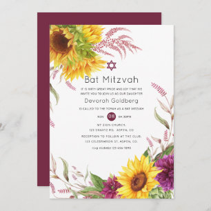 Convites Sun e Burgundy Plum Floral Bat Mitzvah