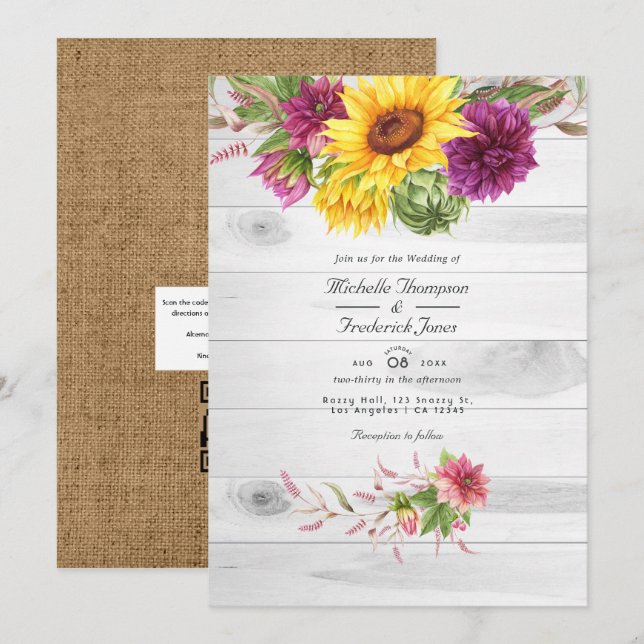 Convites Sun e Burgundy Plum Floral Rustic Código QR Casame (Frente/Verso)