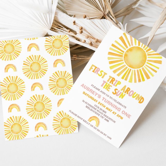 Convites Sun Orange First Trip em torno do primeiro anivers (Girls First Trip Around The Sun 1st Birthday Invitation Template, Sun Rainbow First Birthday Invite)