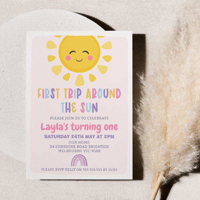 Convites Sun Rainbow Primeira Viagem Em Torno Do primeiro a (Printable First Trip Around the Sun Birthday Invitation, Editable Boho Sunshine Rainbow Invite )