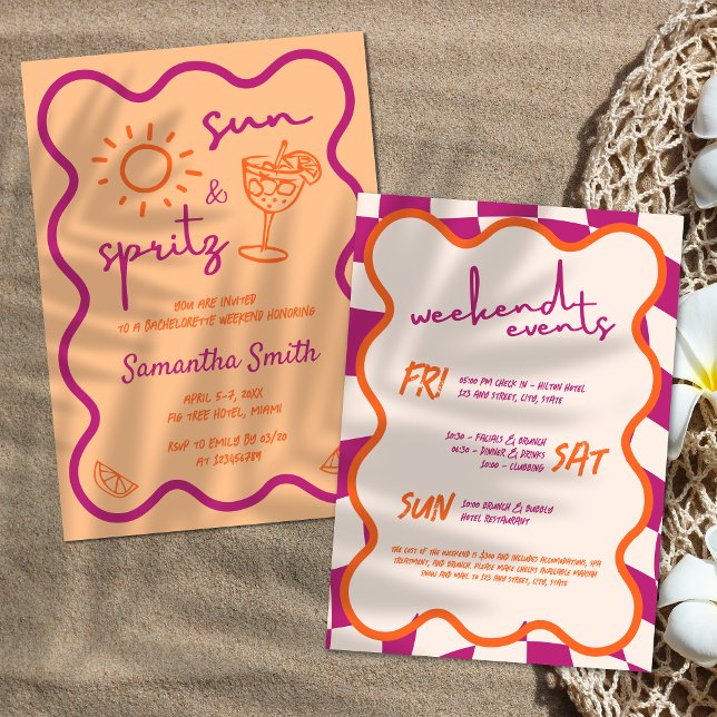 Convites Sun & Spritz Bachelorette Weekend Drawn (Sun & Spritz Bachelorette Weeknd Scribble Hand Drawn Funky Summer Orange and Pink Invitation)