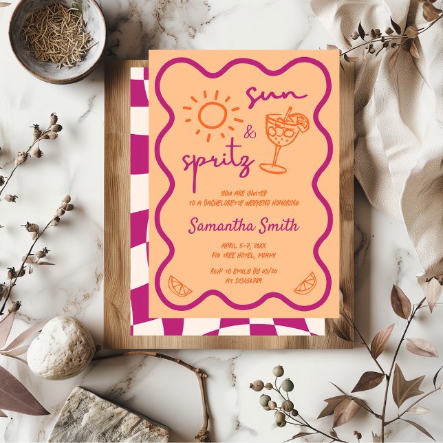 Convites Sun & Spritz Festa de solteira, Desenhado Funky (sun & spritz bachelorette party invitation)