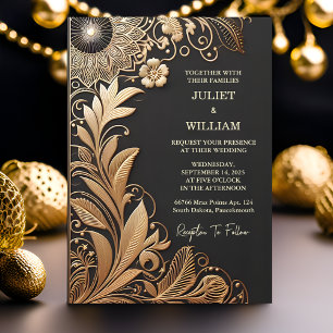 Convites Sun Vintage Lace Foloral Gold Foil Emboscada Casam